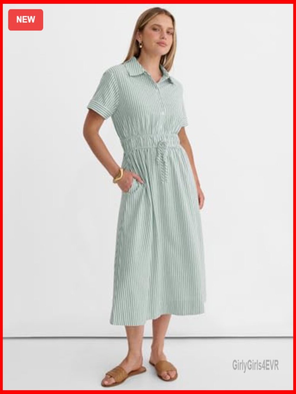 Womens Midi Dress Short Sleeve Striped Plaid Button Collar Shirt Dress Casual - Picture 3 of 7